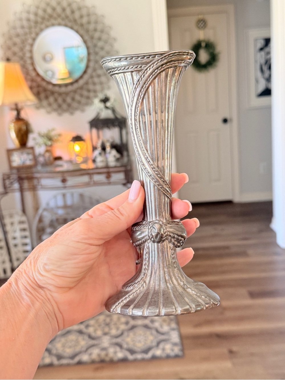 Vintage Silver Fluted Bud Vase with Rope Bow Design - Picture 11 of 15